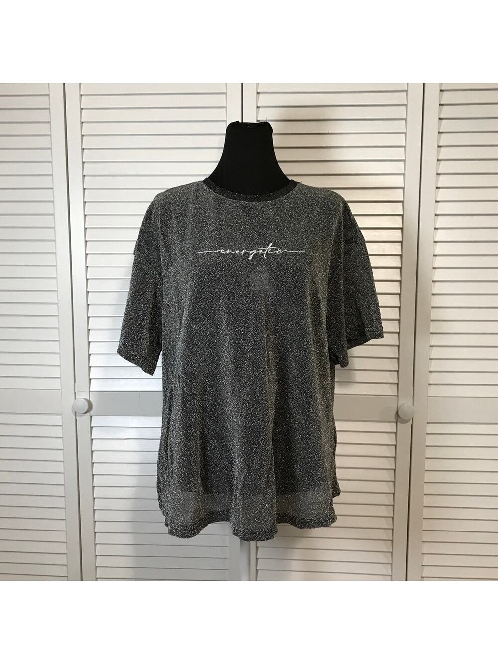 Shein Curve Whimsigoth Silver “Energetic” Graphic Black Glitter T-Shirt 2XL